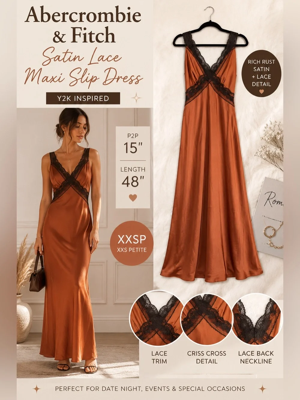 Abercrombie & Fitch XXSP Rust Satin Lace Trim Maxi Slip Dress Y2K